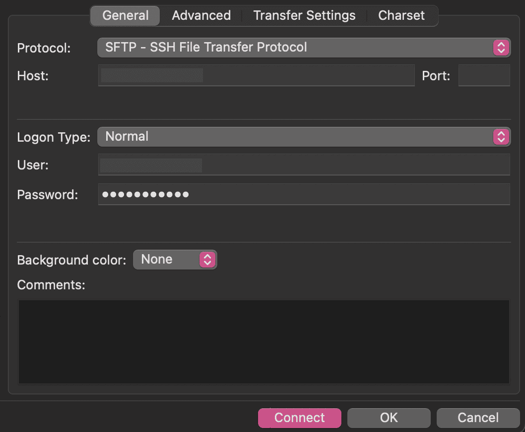 FTP client connection fields for a WordPress site